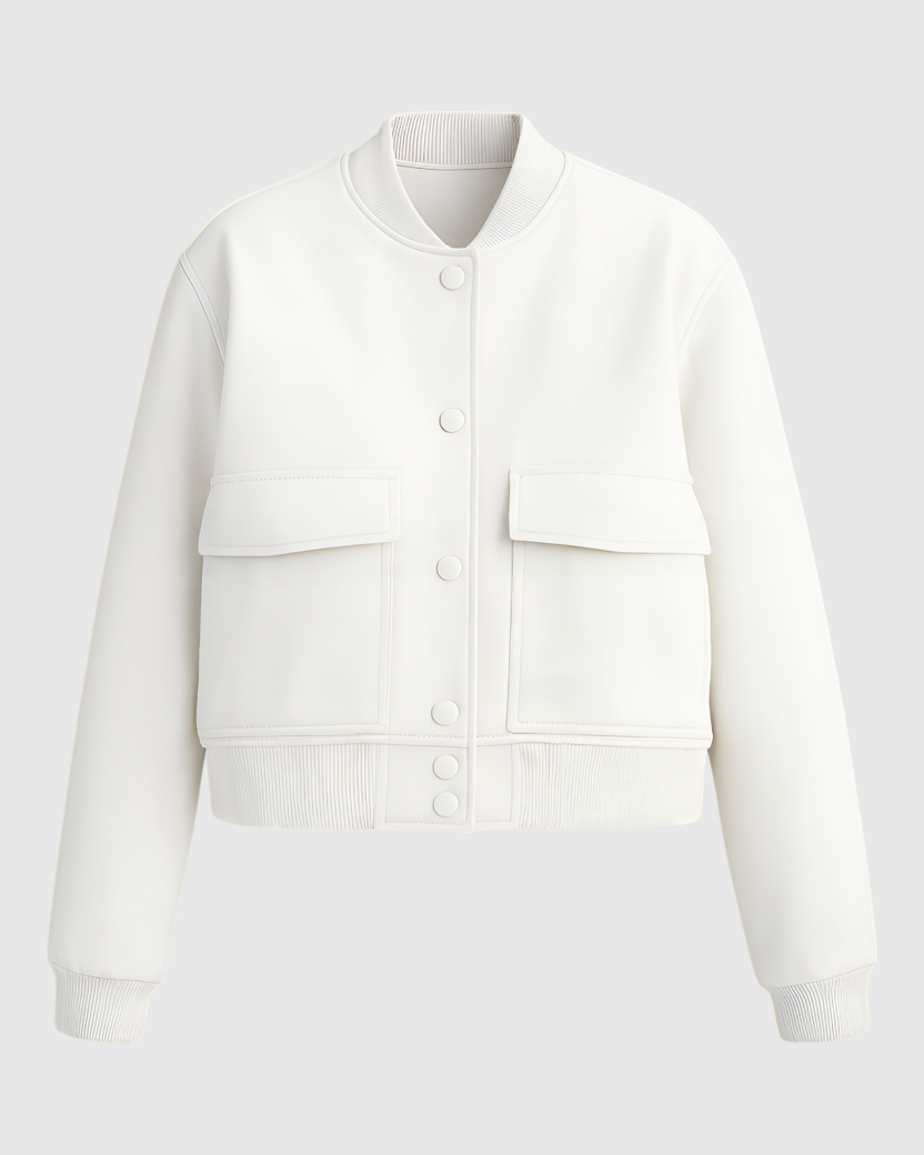 Lumina Wear Isabella white bomber jacket featuring a stylish, timeless design with a sleek fit and modern details.