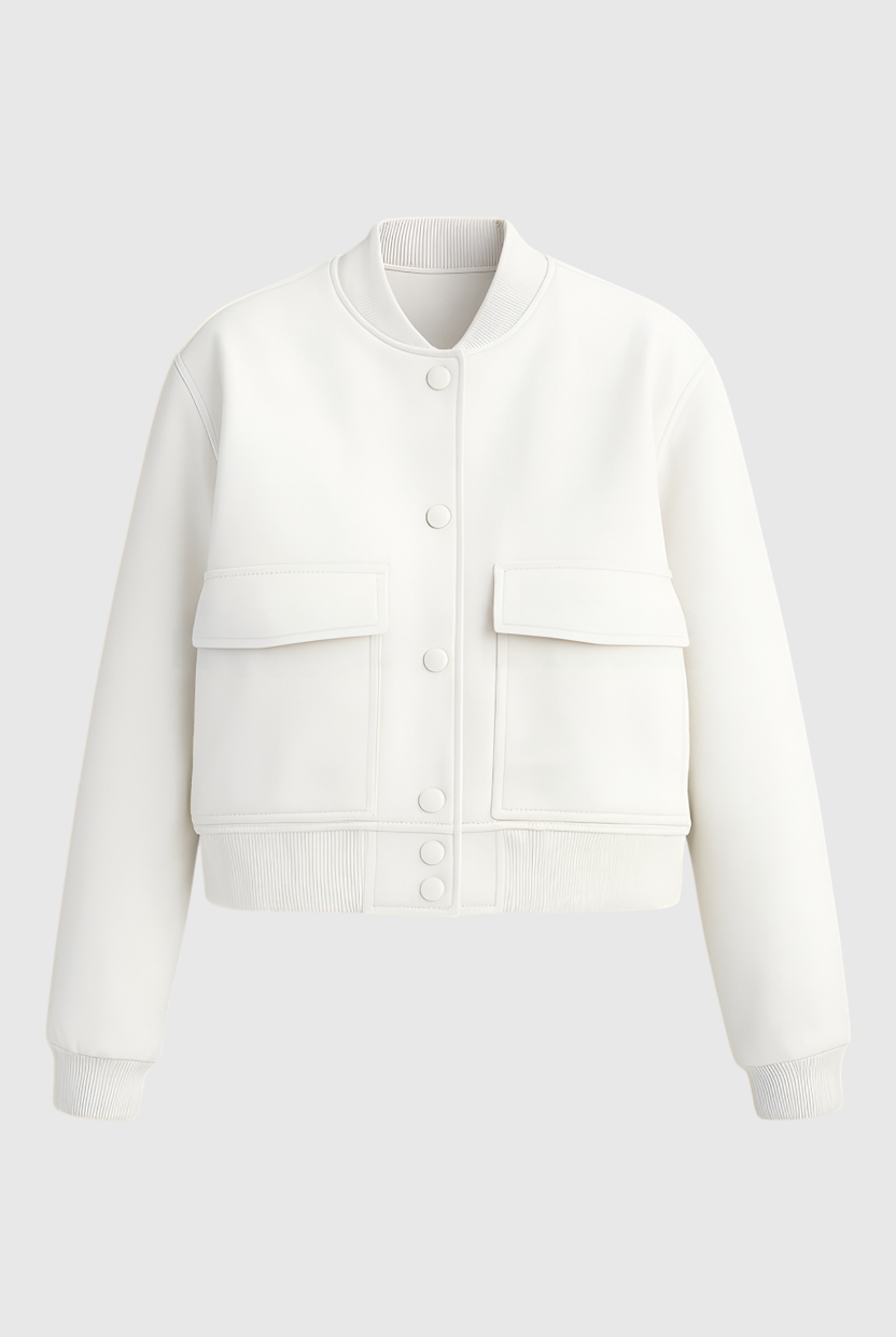White Isabella bomber jacket by Lumina Wear featuring a sleek, timeless design and elegant fit in a close-up image.