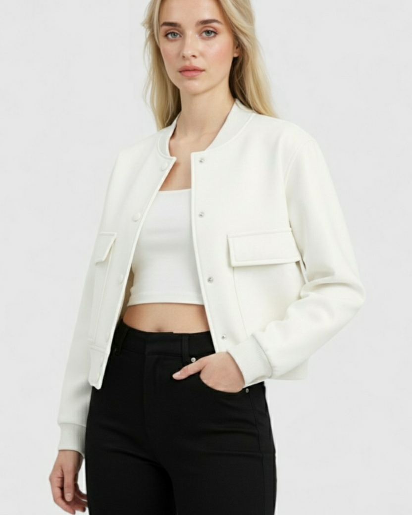 Elegant white bomber jacket by Lumina Wear, featuring a timeless design and tailored fit, perfect for casual and chic looks.