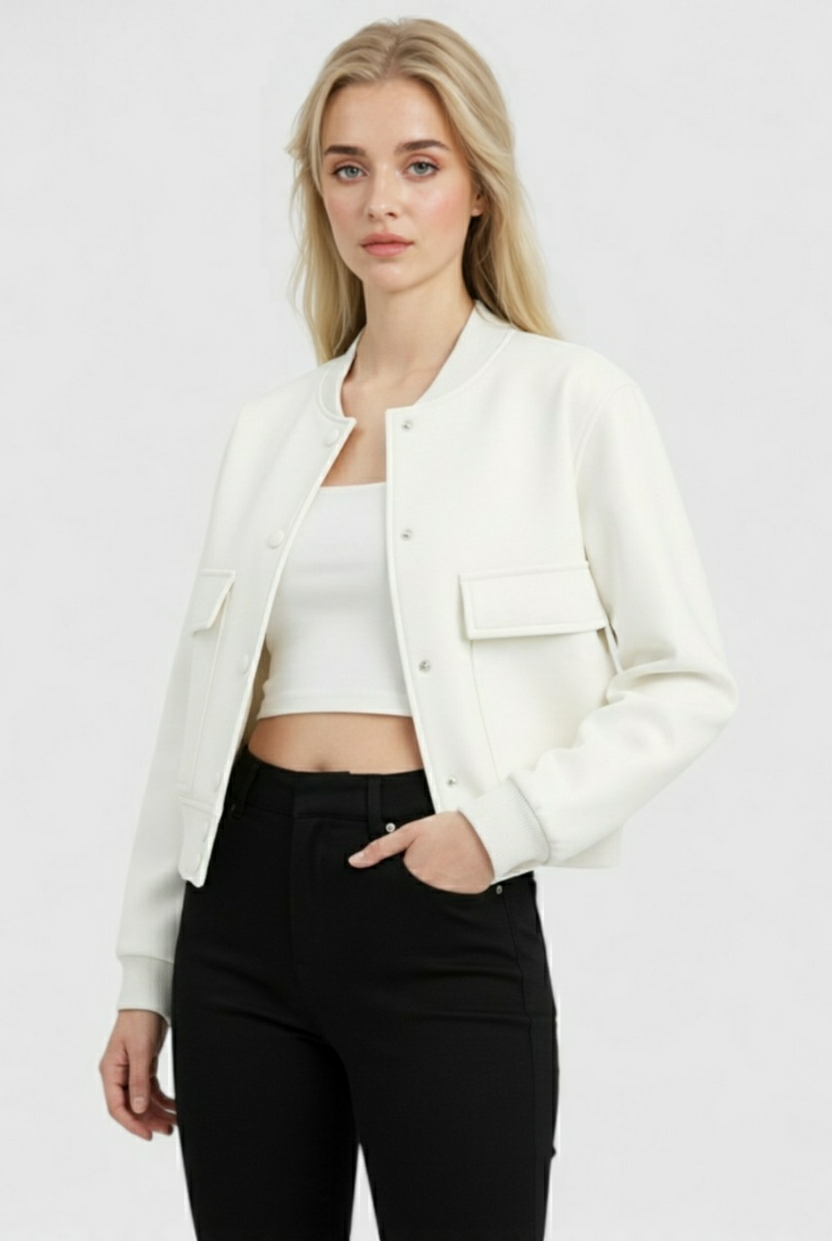 Elegant white bomber jacket by Lumina Wear, featuring a timeless design, showcased on a model.