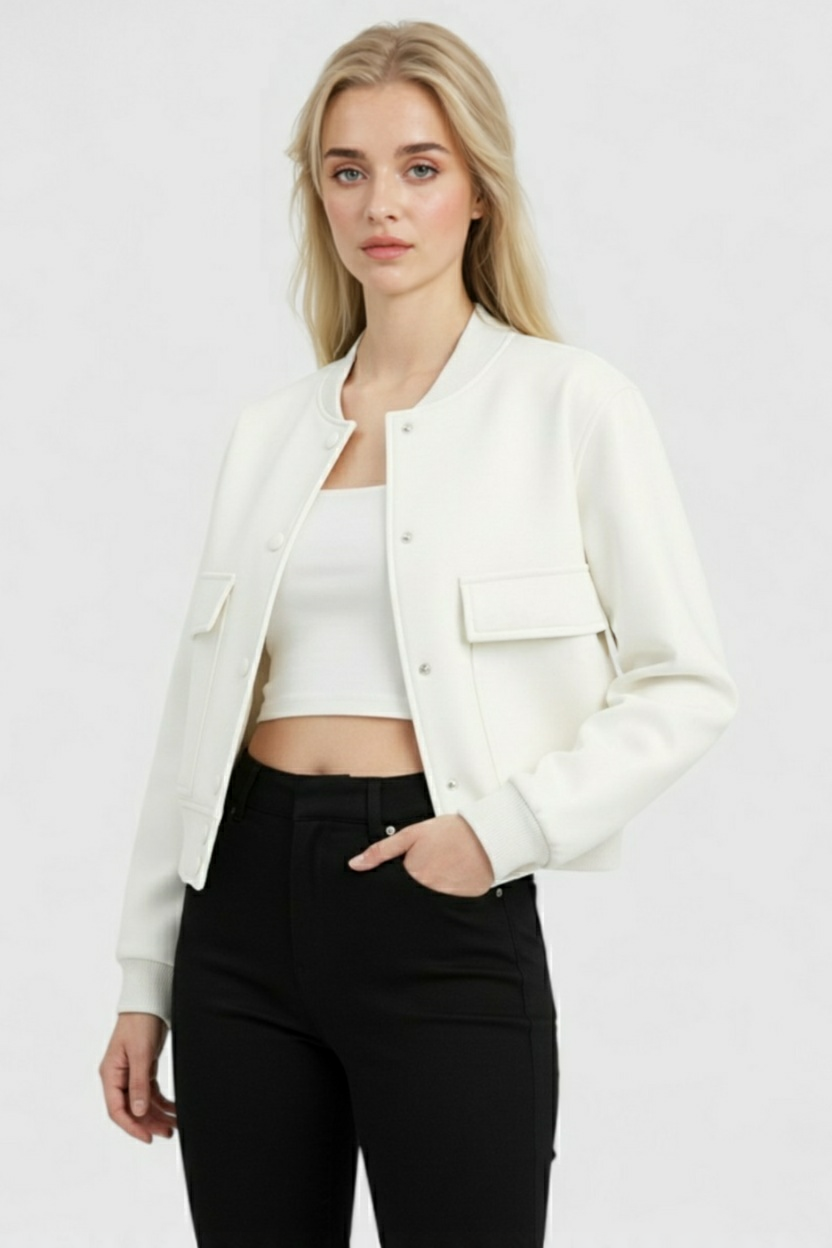 Elegant white bomber jacket by Lumina Wear, featuring a timeless design, showcased on a model.