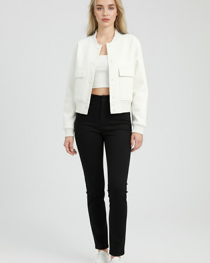 Lumina Wear Isabella white bomber jacket with elegant, timeless design, featuring a sleek fit and stylish collar.