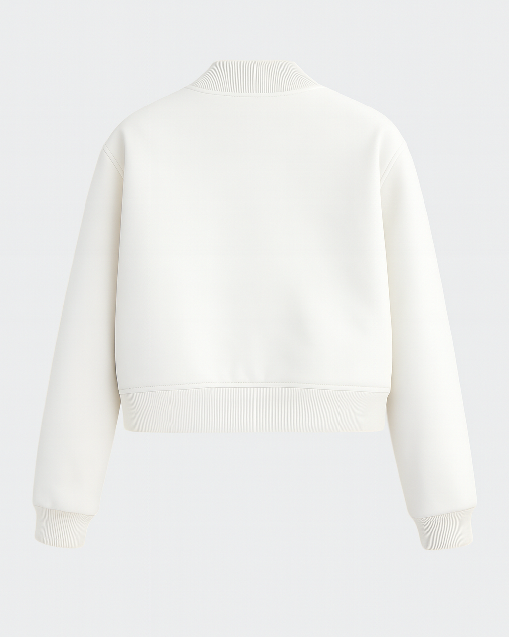 Elegant white bomber jacket by Lumina Wear featuring a timeless design, shown on a model with a modern, sleek style.