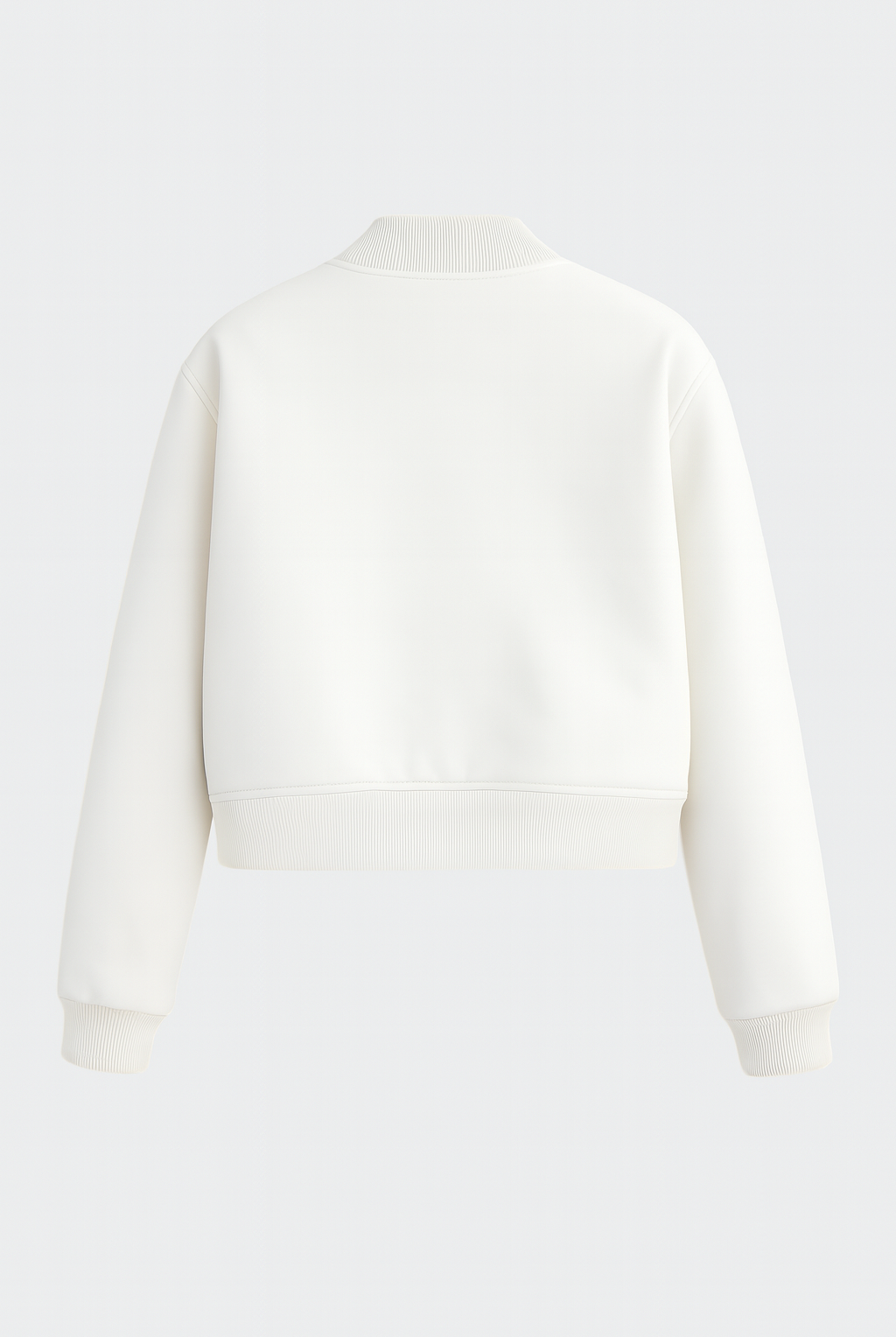 Elegant white bomber jacket by Lumina Wear featuring a timeless design, showcased on a model wearing the Isabella style.