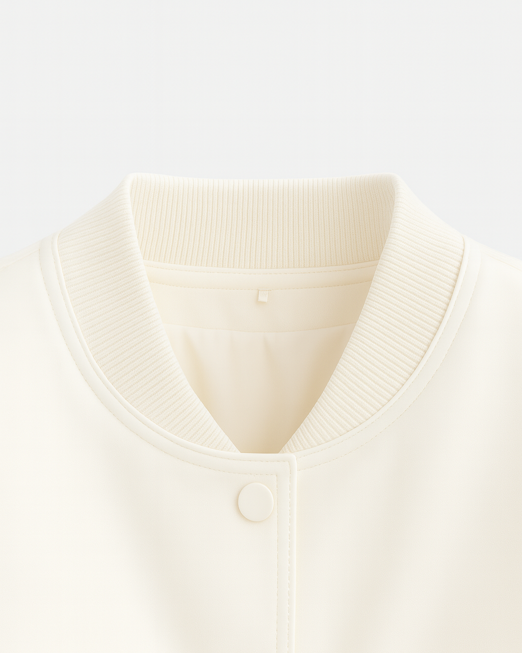Elegant white bomber jacket by Lumina Wear featuring a timeless design, shown on a model with stylish details and a modern fit.