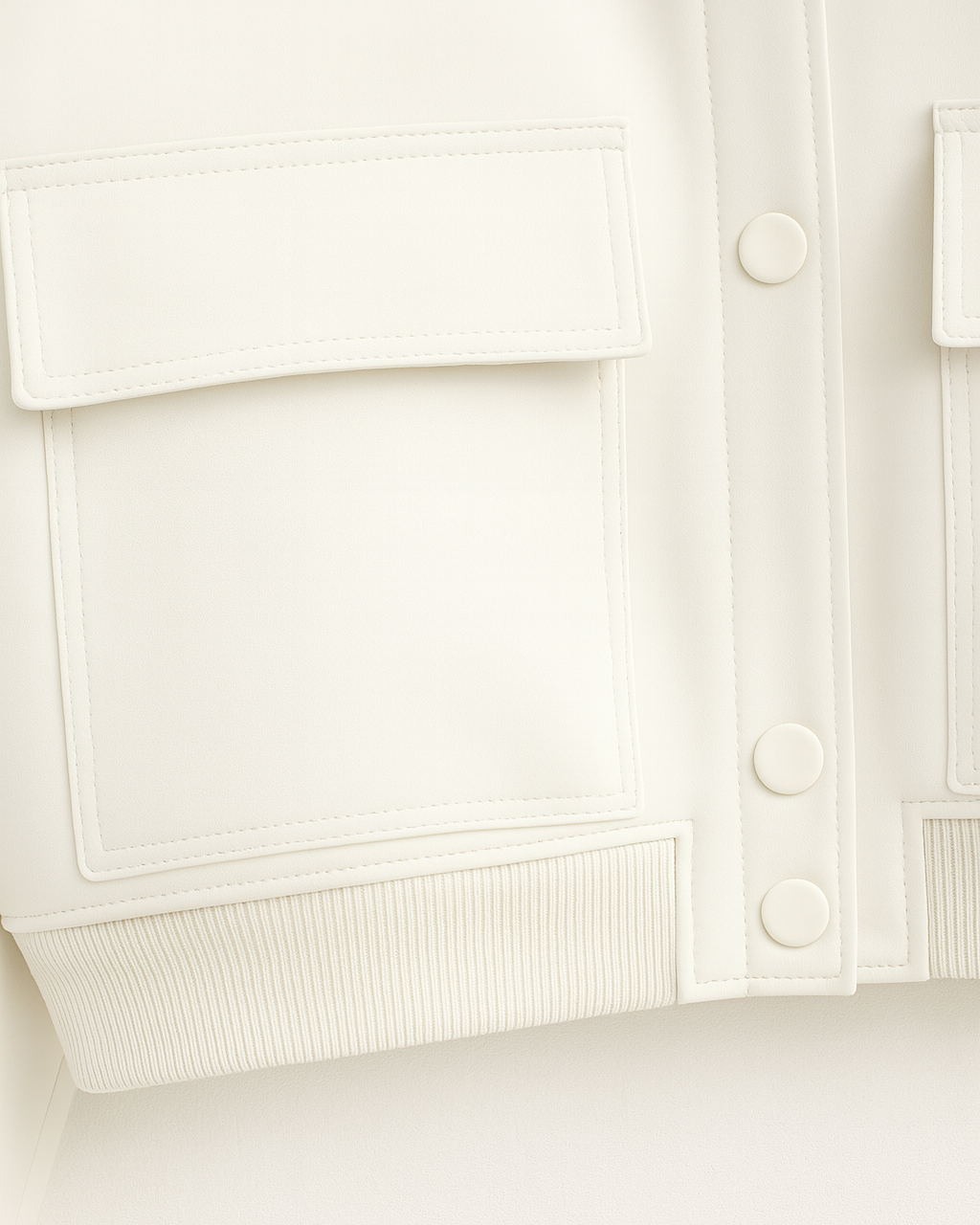 Elegant white bomber jacket by Lumina Wear featuring a timeless design, shown on a model with stylish details.