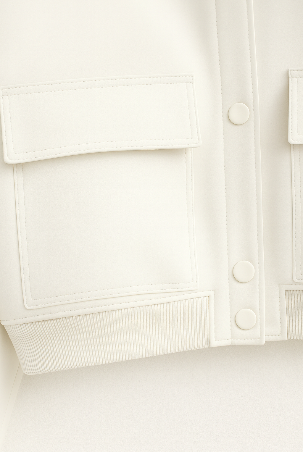 Elegant white Isabella bomber jacket by Lumina Wear, featuring a timeless design and sleek fit, worn by a model.
