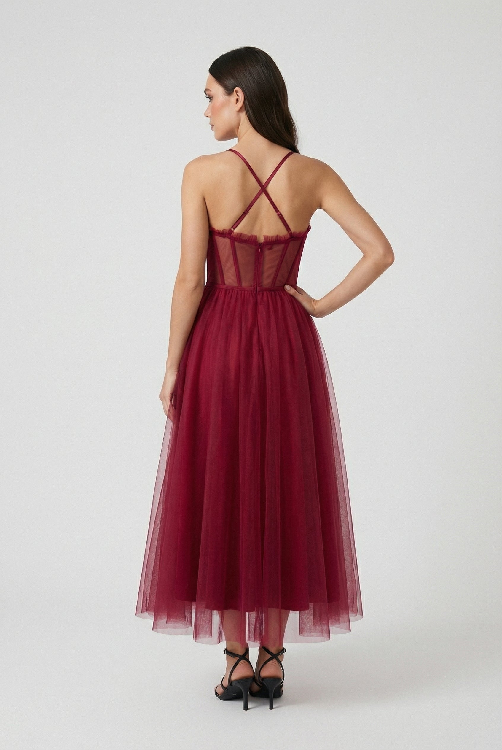 Elegant wine red midi dress by Lumina Wear, featuring a versatile cut and stylish design for women.