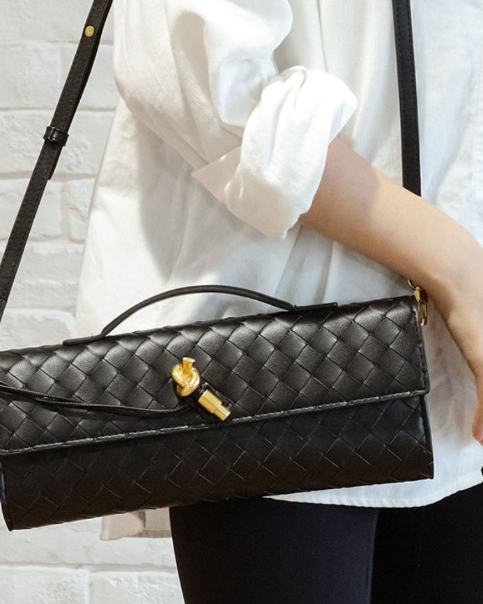 Elegant woven brown handbag with adjustable strap by Lumina Wear, featuring a stylish design and versatile carry options.