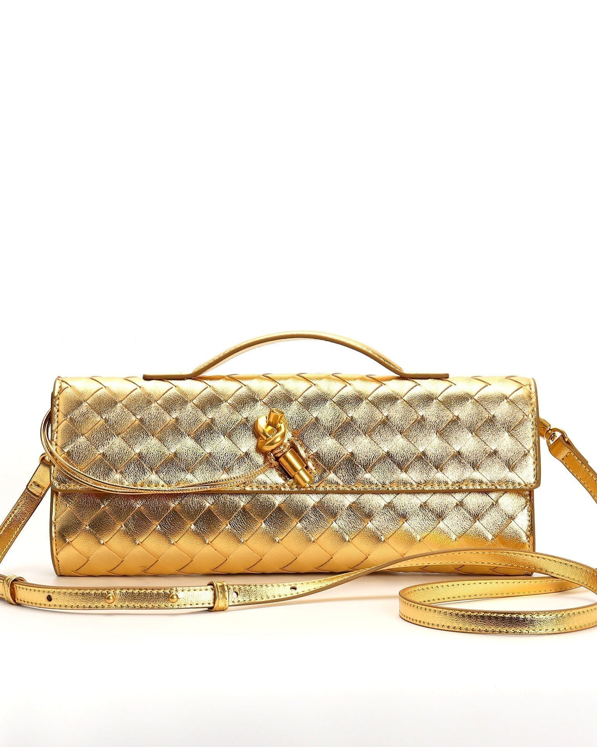 Elegant woven brown Lumina handbag with adjustable strap, featuring a stylish design and textured finish.