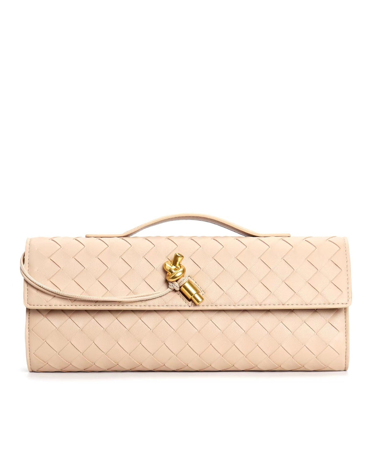 Elegant woven brown handbag with adjustable strap by Lumina Wear, featuring a stylish design and practical size.