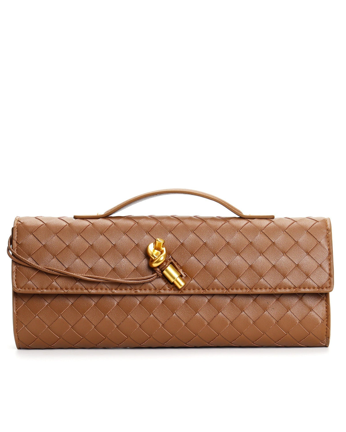 Elegant woven brown Lumina handbag with adjustable strap, featuring a stylish design and versatile carry options.