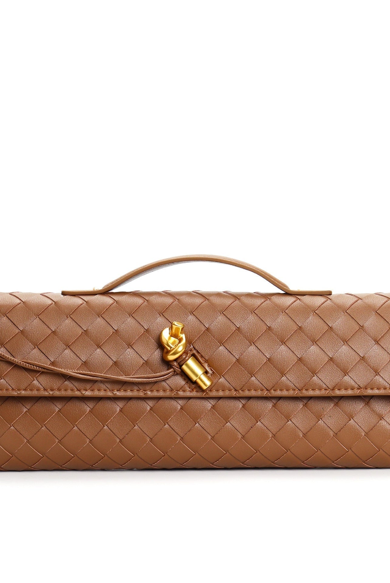 Elegant woven brown Lumina handbag with adjustable strap, featuring a stylish design and top handles.