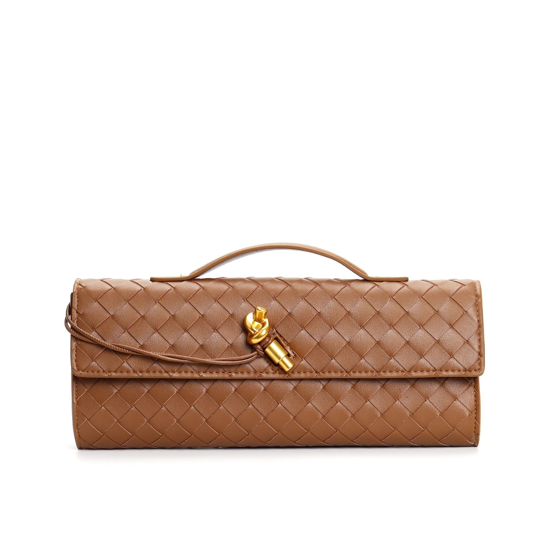 Elegant woven brown Lumina handbag with adjustable strap, featuring a stylish design and top handles.