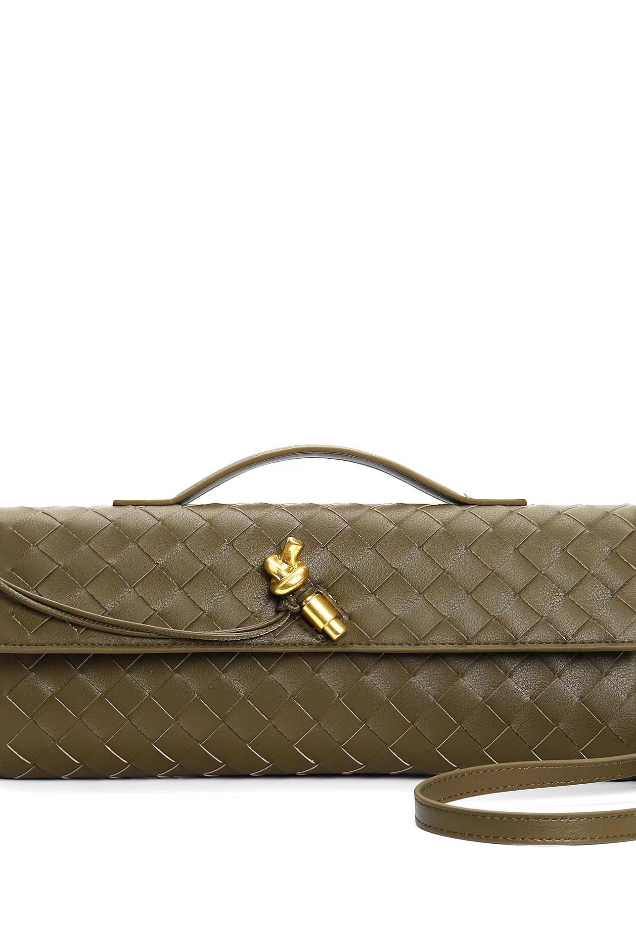 Elegant woven brown Lumina handbag with adjustable strap, showcasing stylish craftsmanship and versatile design.