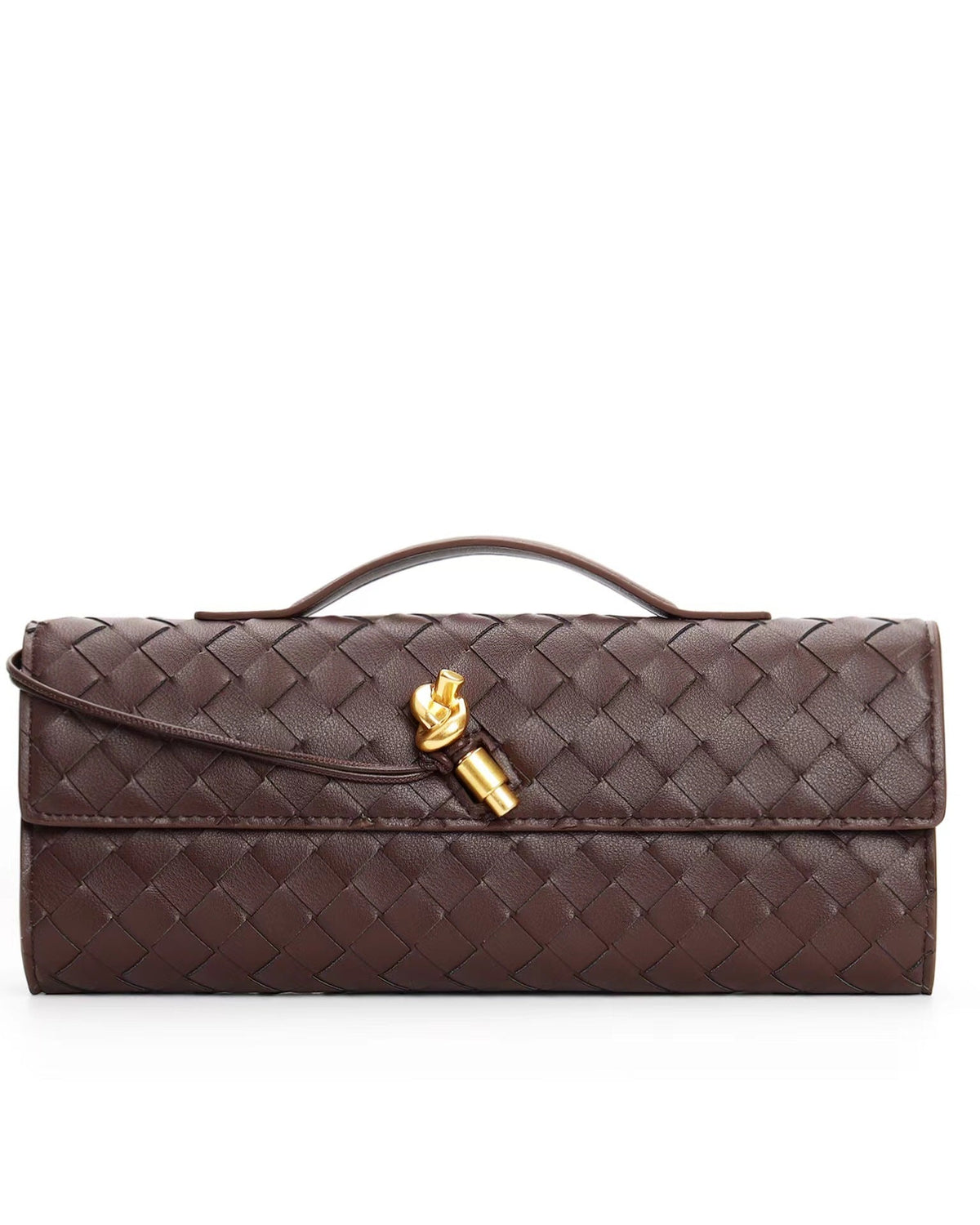 Elegant woven brown Lumina Wear Isabella handbag with adjustable strap, showcasing stylish craftsmanship and versatile design.