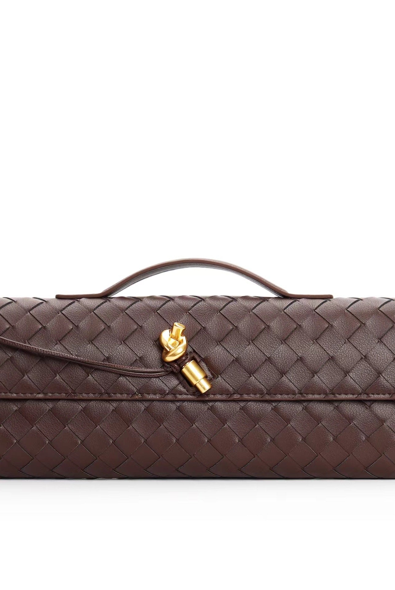 Elegant woven brown Lumina handbag with adjustable strap, featuring a stylish design and spacious interior.