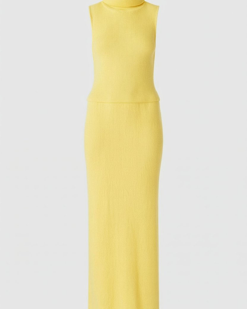 Elegant yellow knit skirt and top set by Lumina Wear, featuring a flattering fit and stylish design for women.