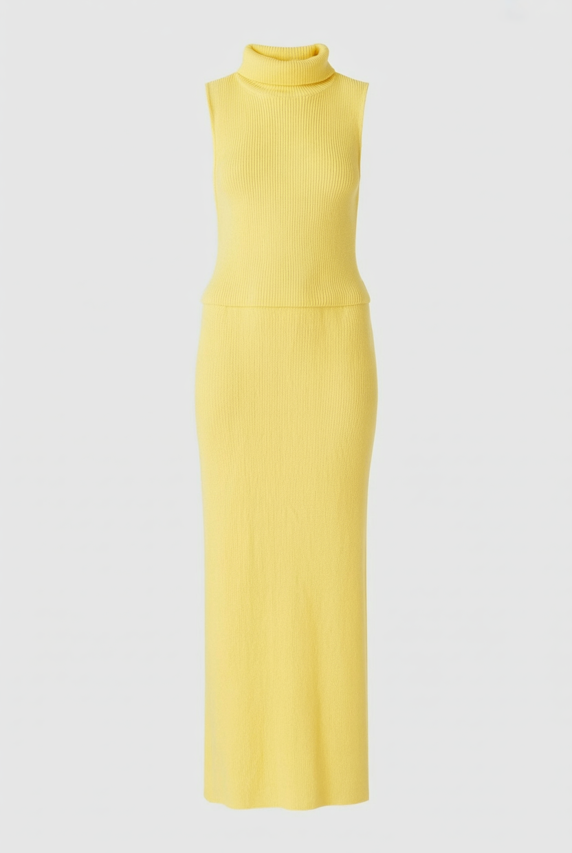 Yellow knit skirt and top set for women by Lumina Wear, featuring an elegant, flattering fit and stylish design.
