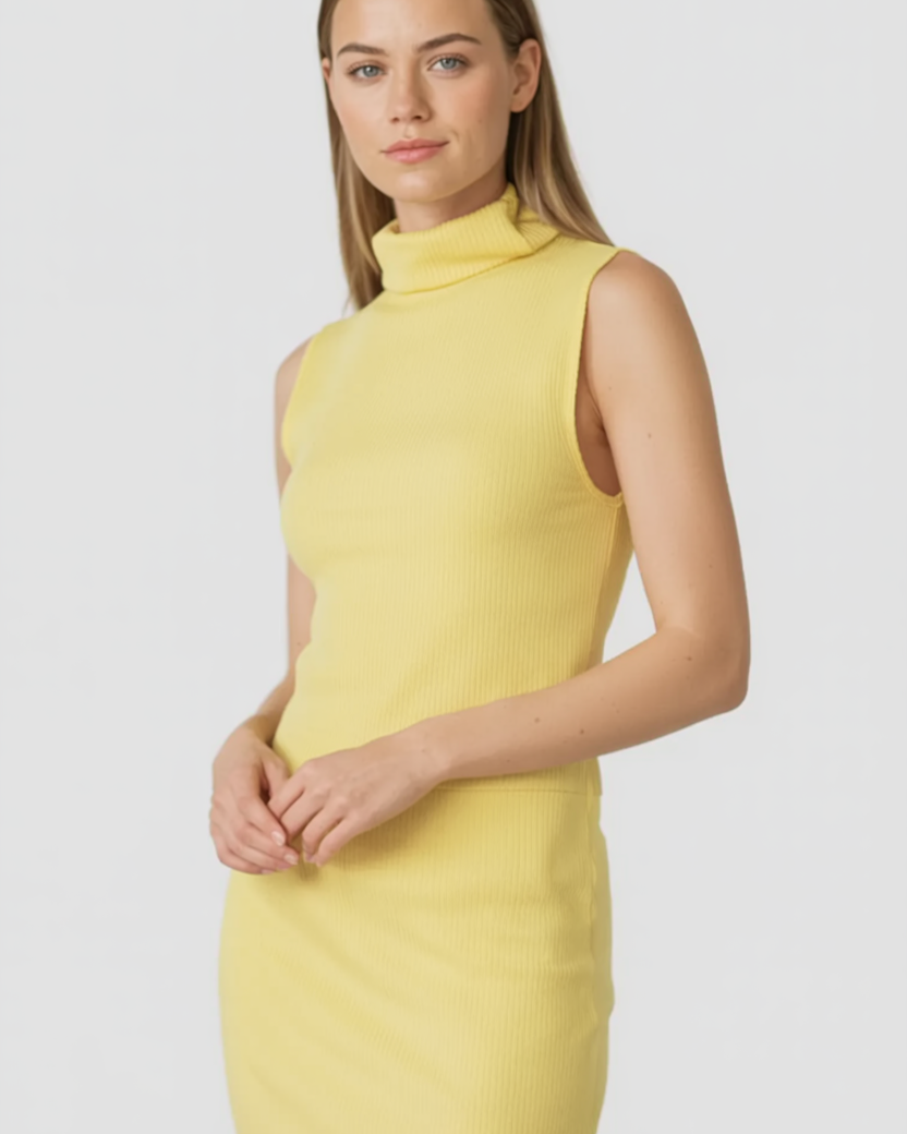 Elegant yellow knit skirt and top set by Lumina Wear, featuring a flattering fit for women.