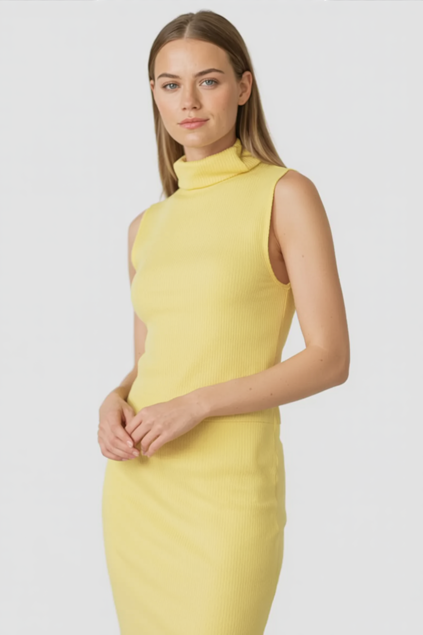 Elegant yellow knit skirt and top set for women by Lumina Wear, featuring a flattering fit and stylish design.