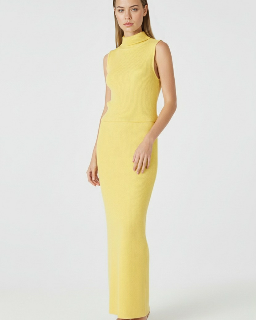 Elegant yellow knit skirt and top set by Lumina Wear, featuring a flattering fit for stylish women.