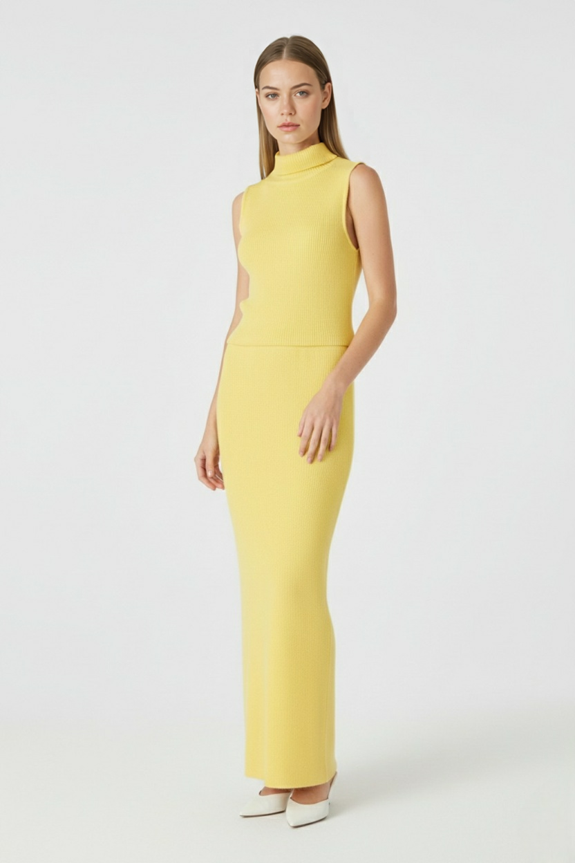 Lumina Wear Isabella women's yellow knit skirt and top set, elegant and flattering fit, stylish knit fabric, perfect for casual wear.