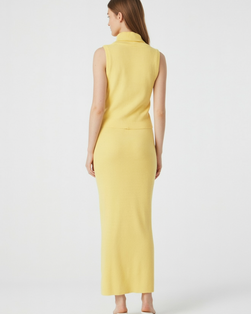 Elegant yellow knit skirt and top set by Lumina Wear, featuring a flattering fit for women, styled as a coordinated outfit.