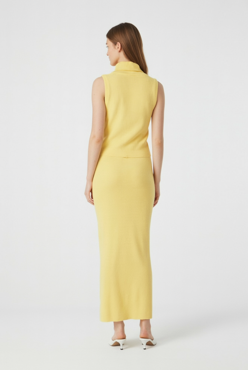 Isabella yellow knit skirt and top set for women by Lumina Wear, featuring an elegant, flattering fit and stylish knit design.