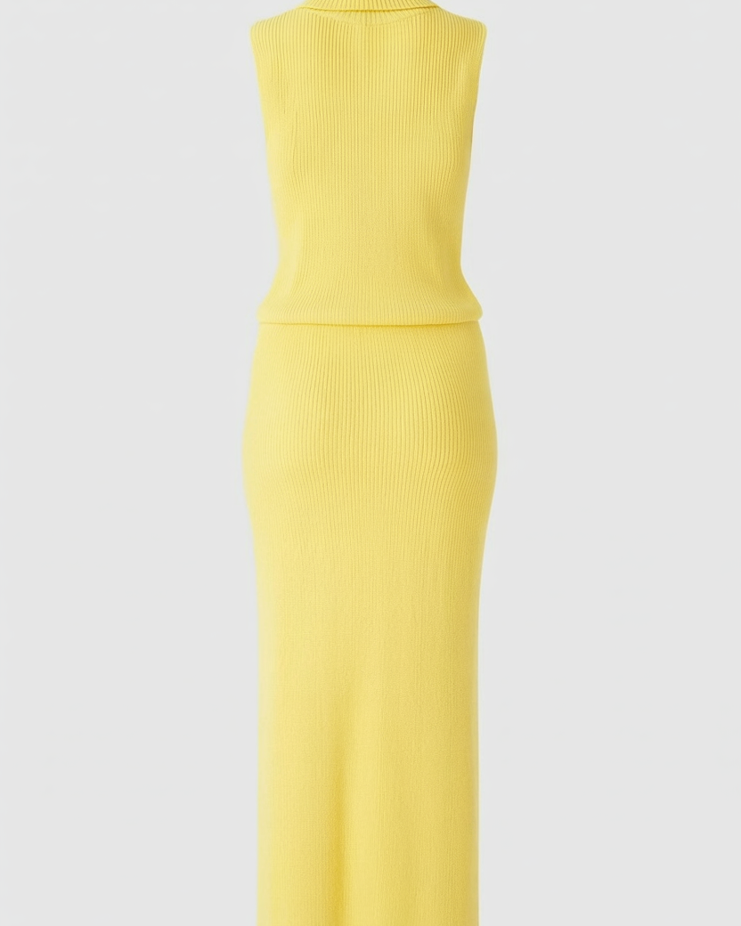 Isabella yellow knit skirt and top set by Lumina Wear, featuring a flattering fit and elegant, cozy style for women.