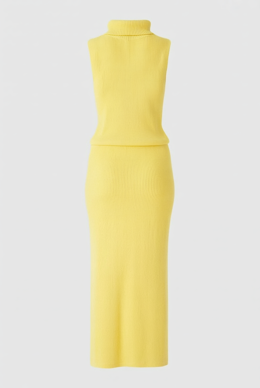 Elegant yellow knit skirt and top set for women by Lumina Wear, featuring a flattering fit in a stylish, coordinated design.