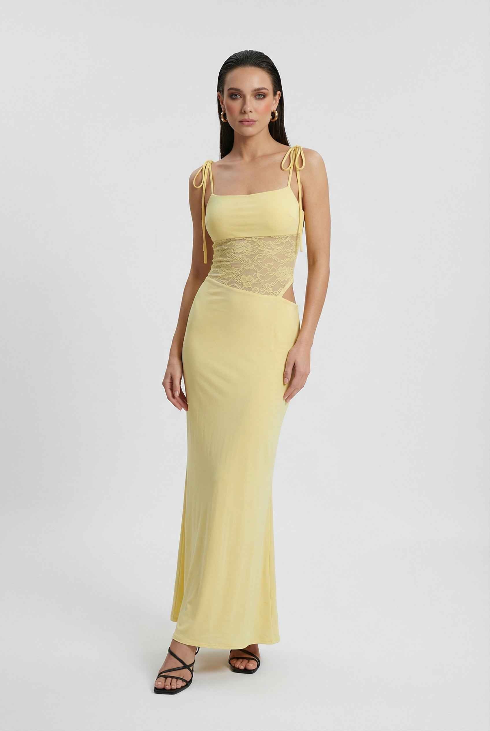 Elegant yellow lace summer dress for women by Lumina Wear, featuring a versatile fit and stylish design.