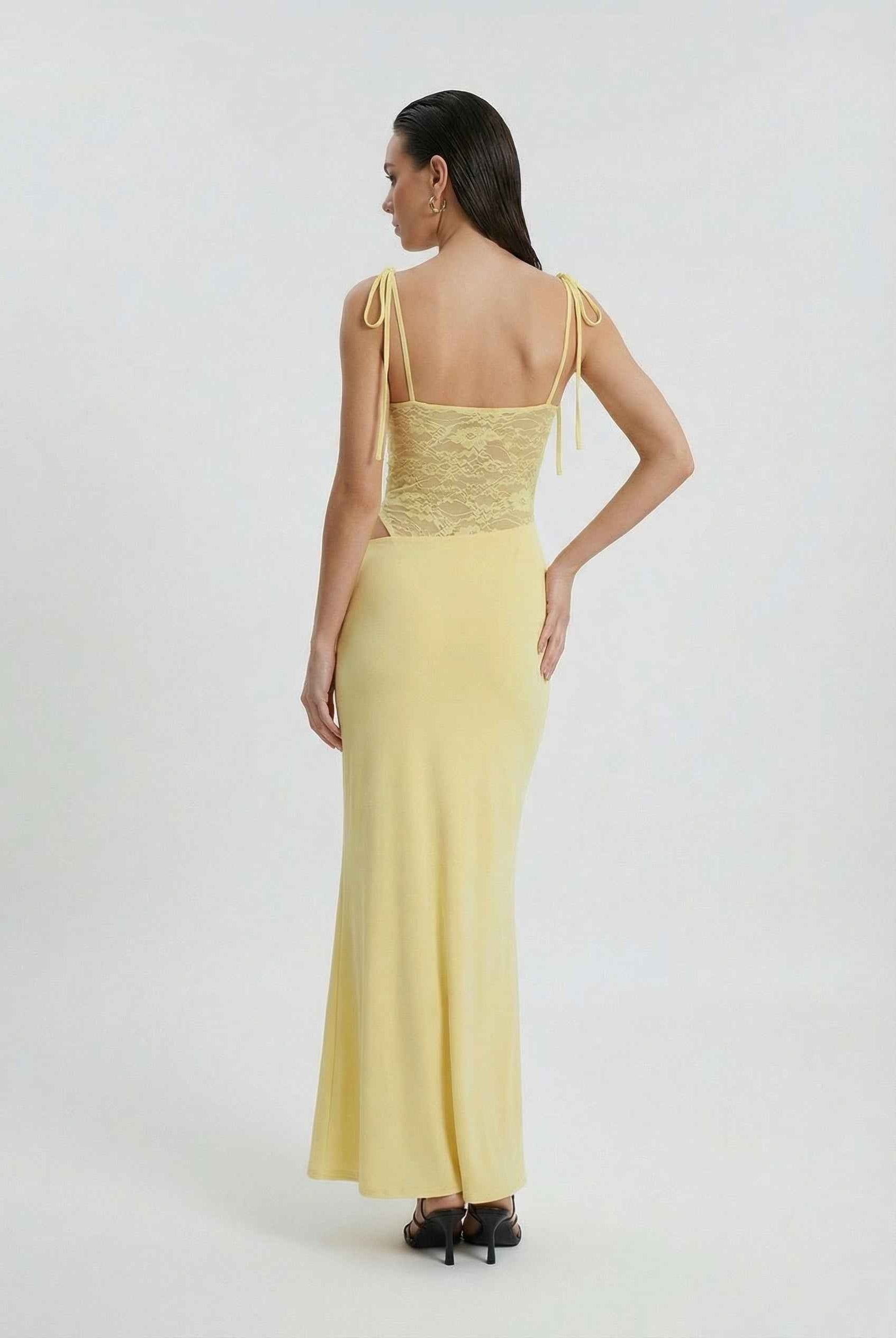 Elegant yellow lace summer dress by Lumina Wear, featuring a versatile fit and stylish design for women's fashion.