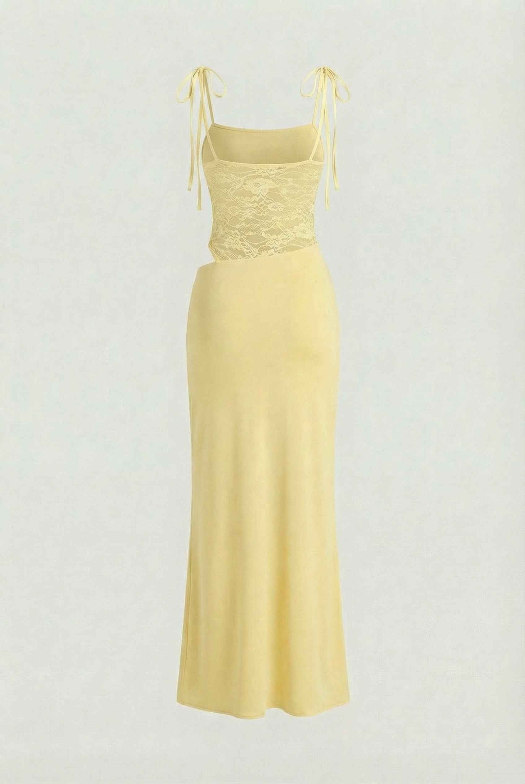 Elegant yellow lace summer dress for women by Lumina Wear, featuring a versatile fit and intricate lace details.