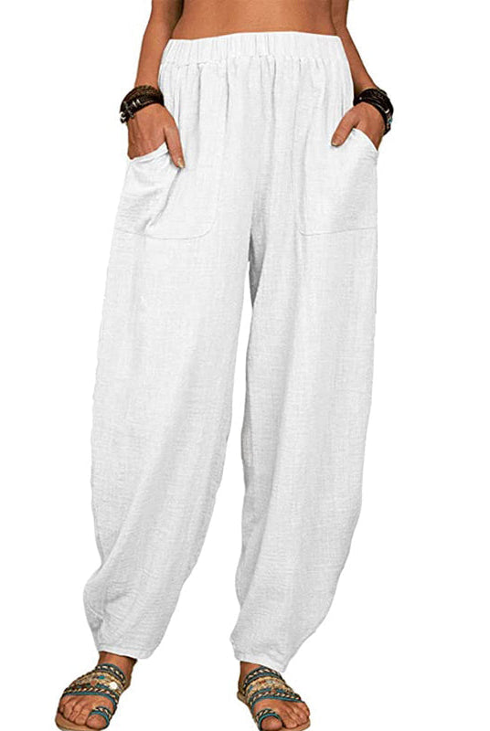 Isabella Lumina black high-waisted harem trousers with casual fit, featuring a relaxed silhouette and comfortable design.