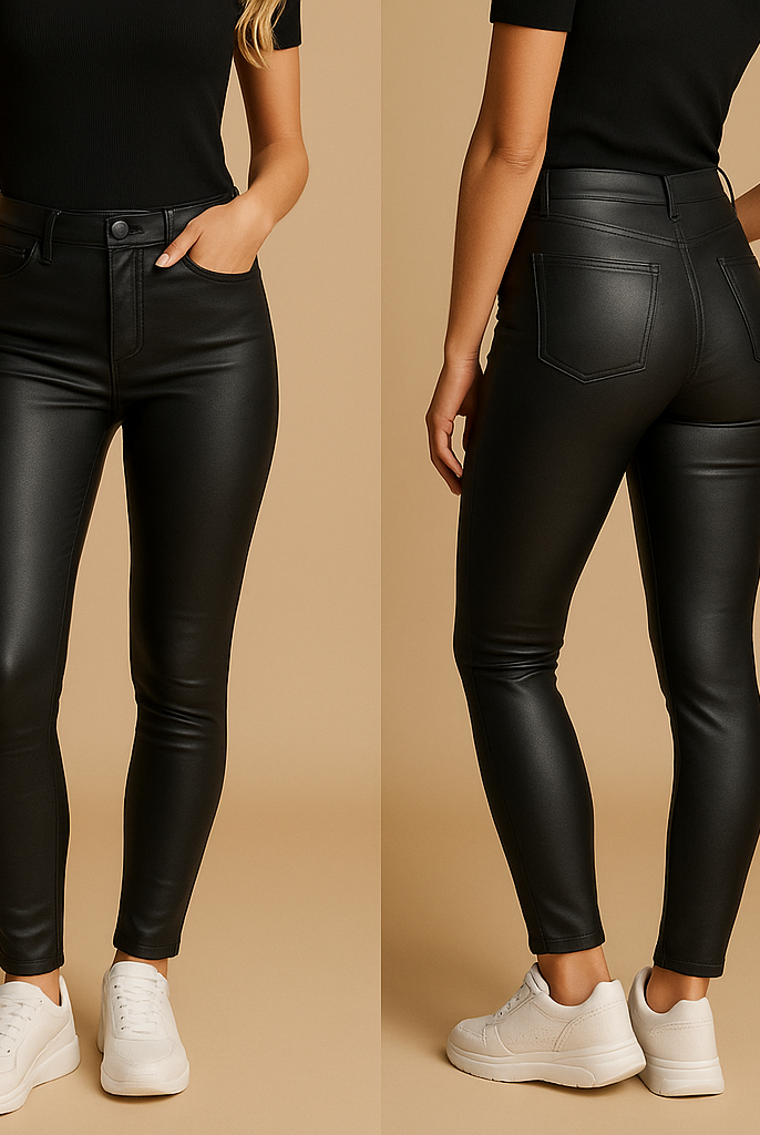 Black Isabella Lumina Wear high-waisted stretch slim-fit trousers displayed on a model, showcasing a sleek, tailored look.