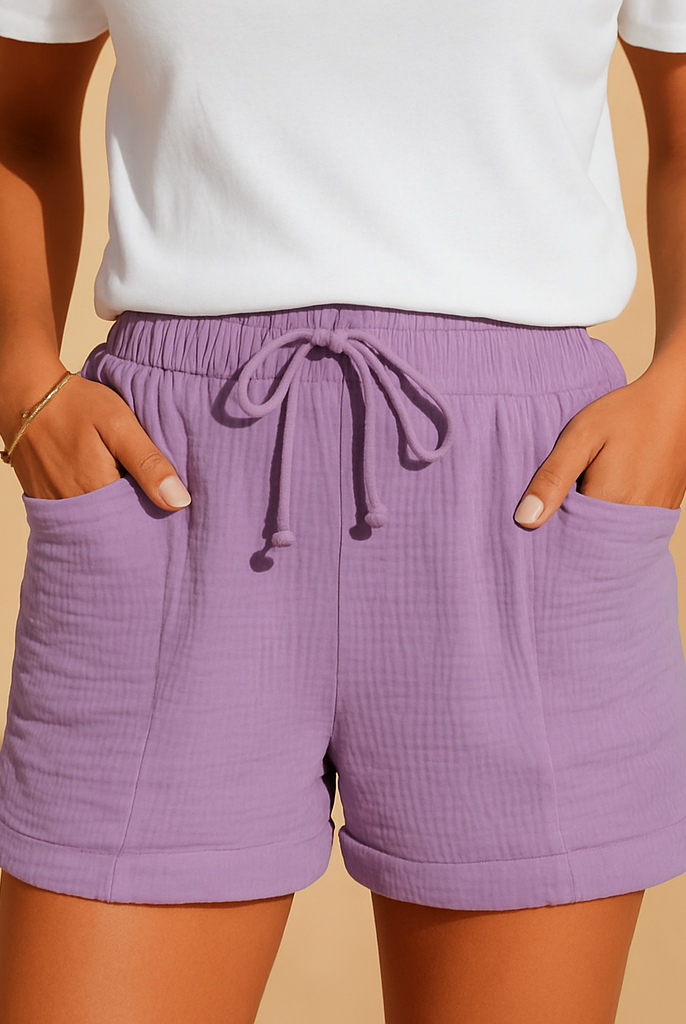 Lightweight blue summer shorts with elastic waistband from Lumina Wear, featuring a cute and comfortable design.