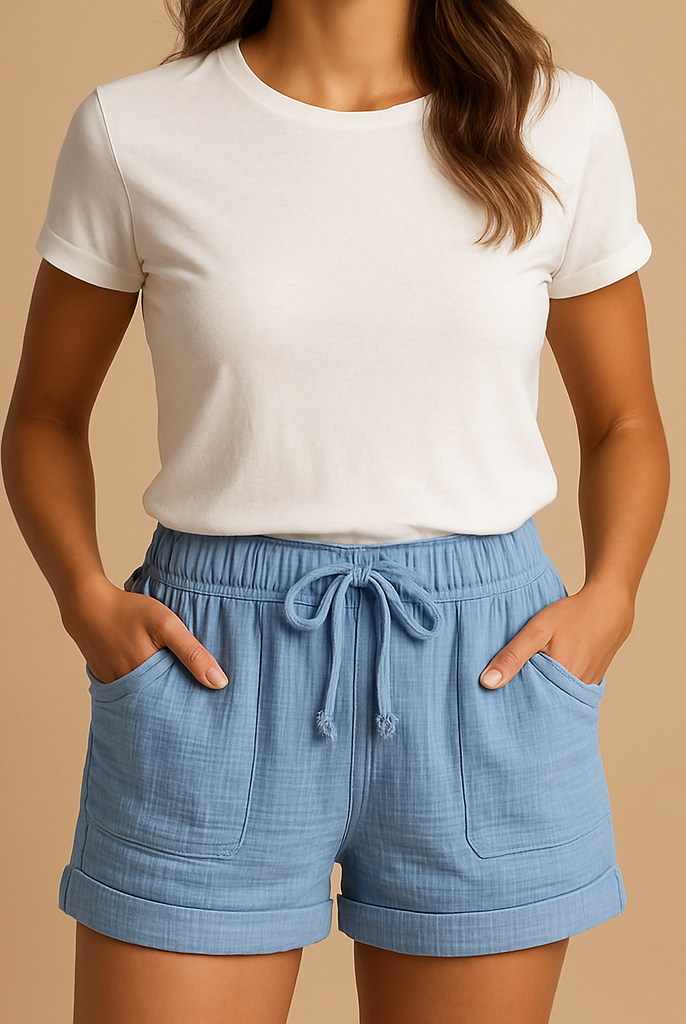 Lightweight blue summer shorts with elastic waistband from Lumina Wear, featuring a cute and comfortable design.