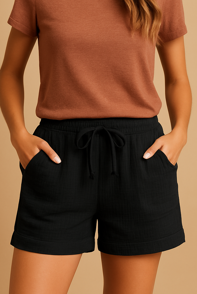 Lightweight blue summer shorts with elastic waistband from Lumina Wear, featuring a cute and comfortable design perfect for warm weather.