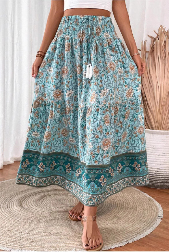 Lightweight floral maxi skirt with layered design from Lumina Wear, in green, featuring flowing fabric and elegant style.