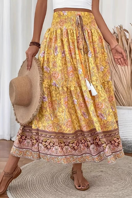 Green Isabella lightweight floral maxi skirt by Lumina Wear with layered design, perfect for a flowing, stylish look.