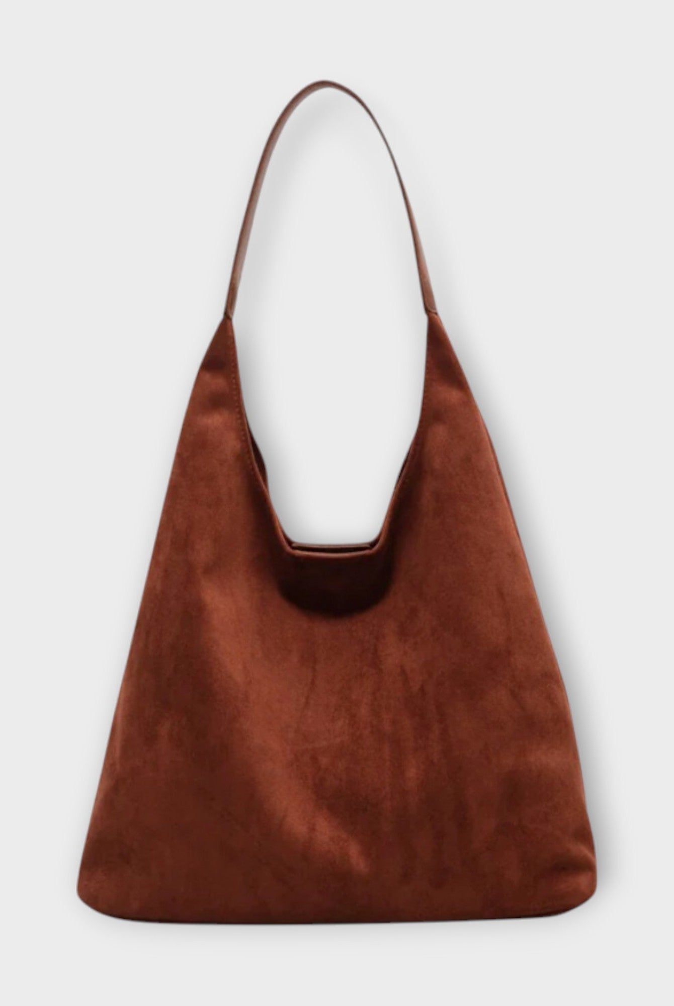 Brown Isabella minimalist slouch handbag with soft structure from Lumina Wear, showcasing a relaxed, stylish design and natural leather texture.