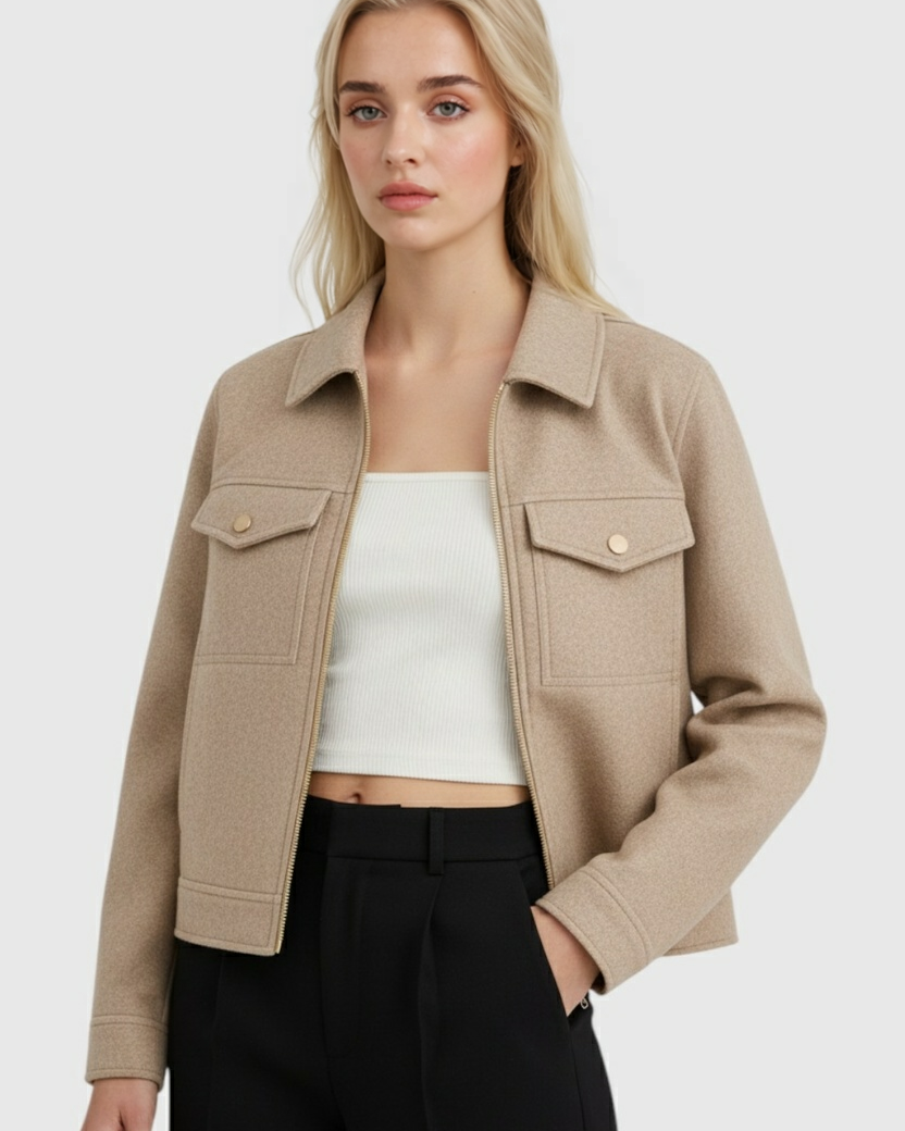 Beige Isabella Lumina modern cropped zip-up jacket with front pockets, stylish and casual for everyday wear.