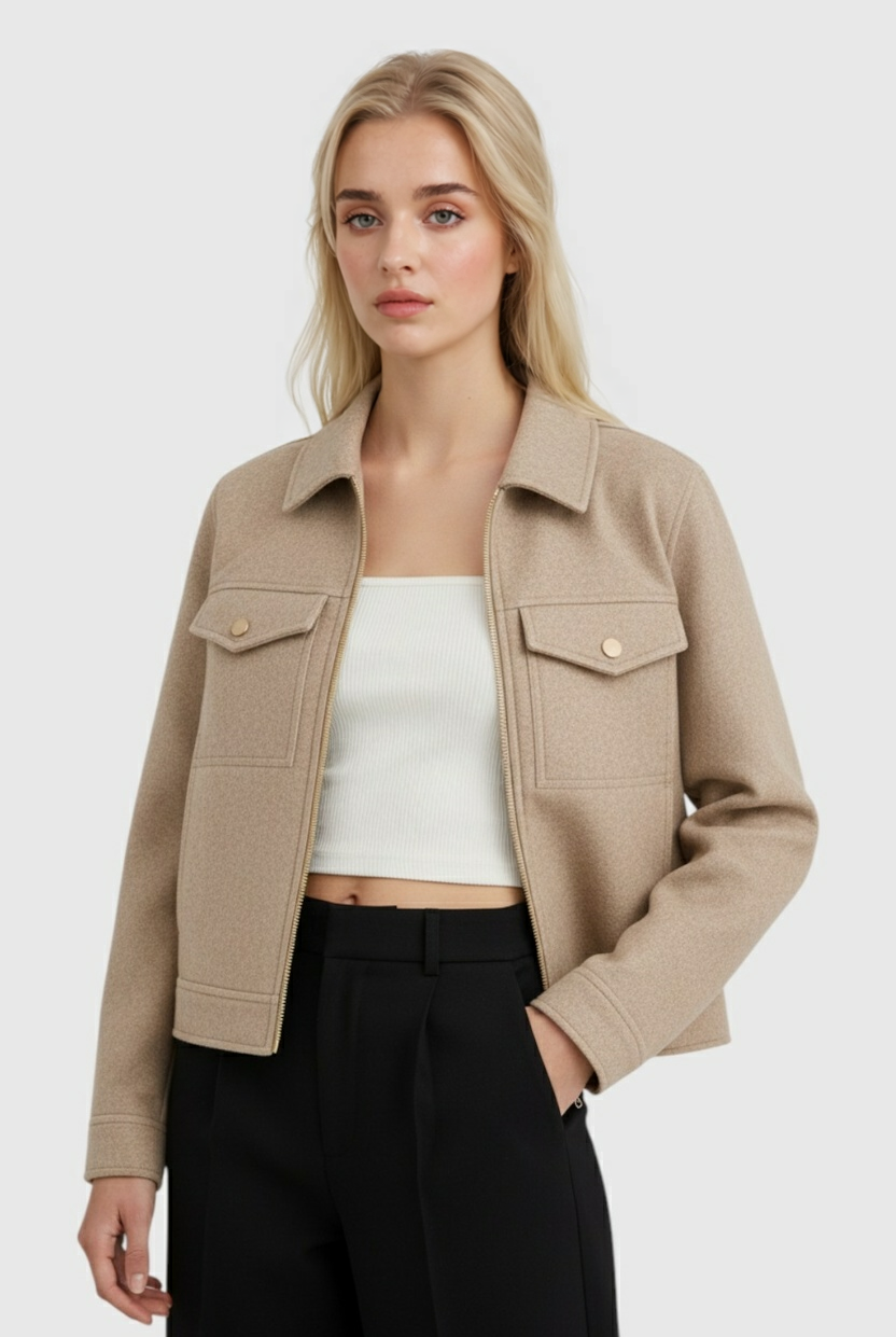 Beige Isabella Lumina Wear modern cropped zip-up jacket with pockets, stylish and casual for everyday wear.