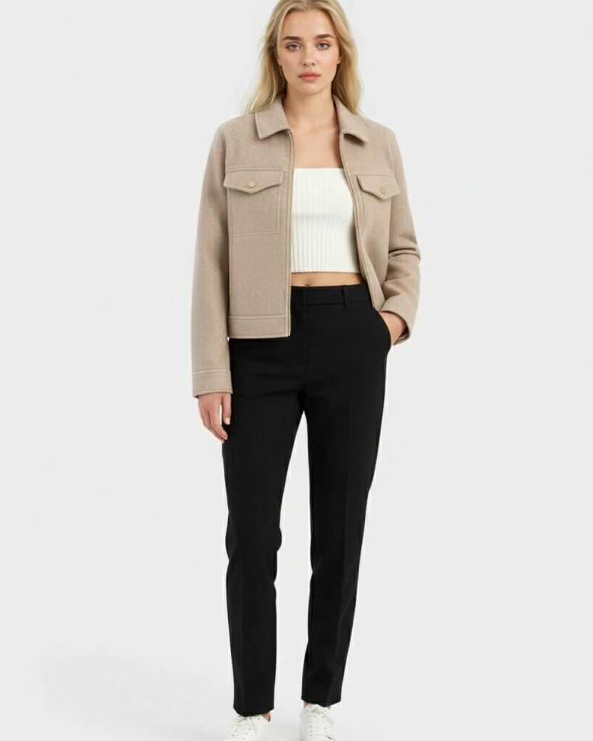 Beige Isabella Lumina Wear modern cropped zip-up jacket with pockets, featuring a stylish design and fitted silhouette.