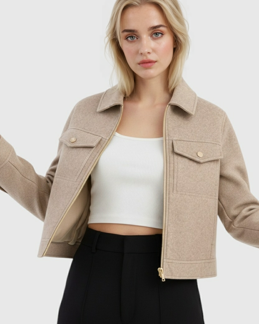 Beige Isabella Lumina Wear modern cropped zip-up jacket with pockets, stylish and casual outerwear for women.