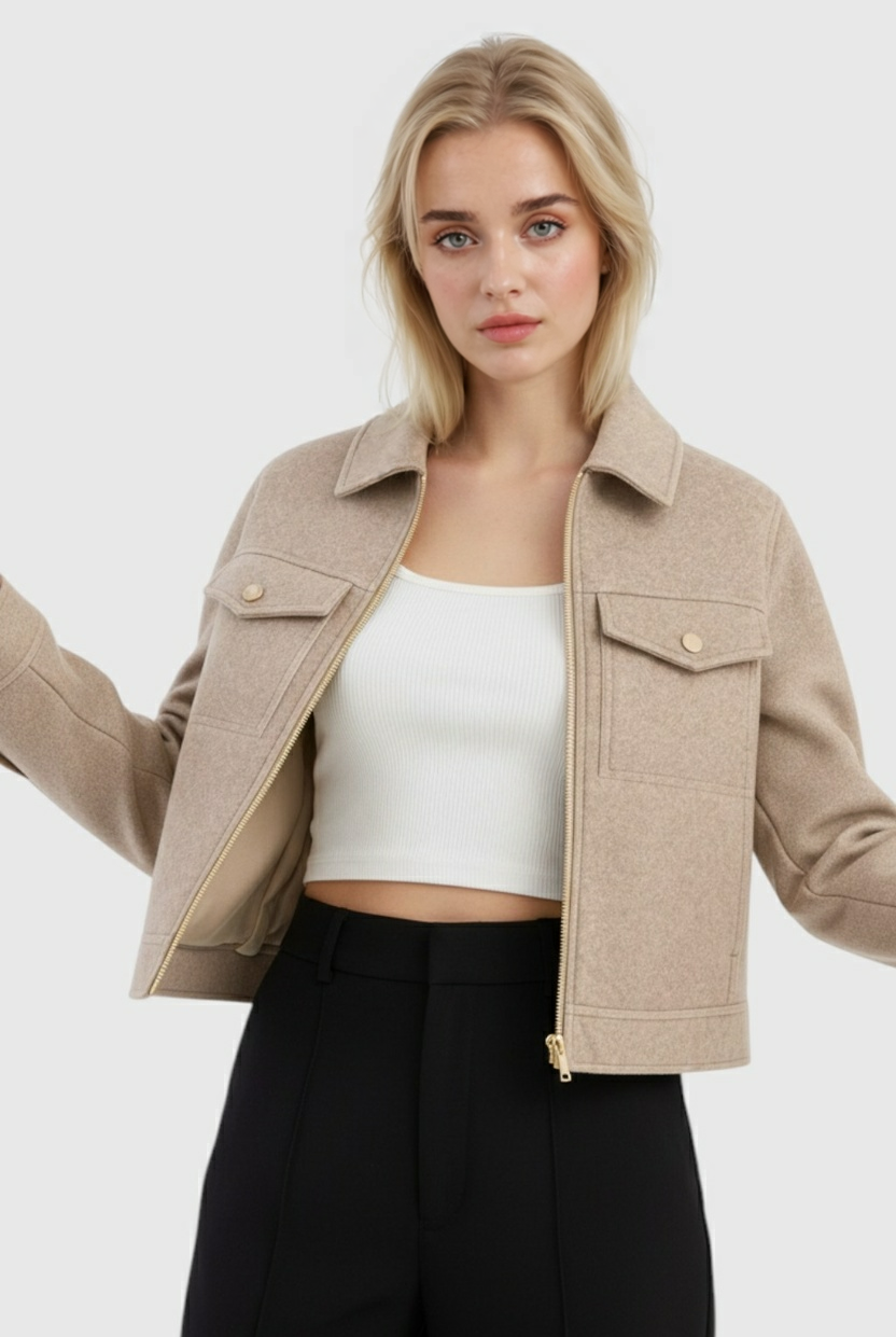 Beige Isabella Lumina Wear modern cropped zip-up jacket with pockets, casual style, front zipper, and fitted design.