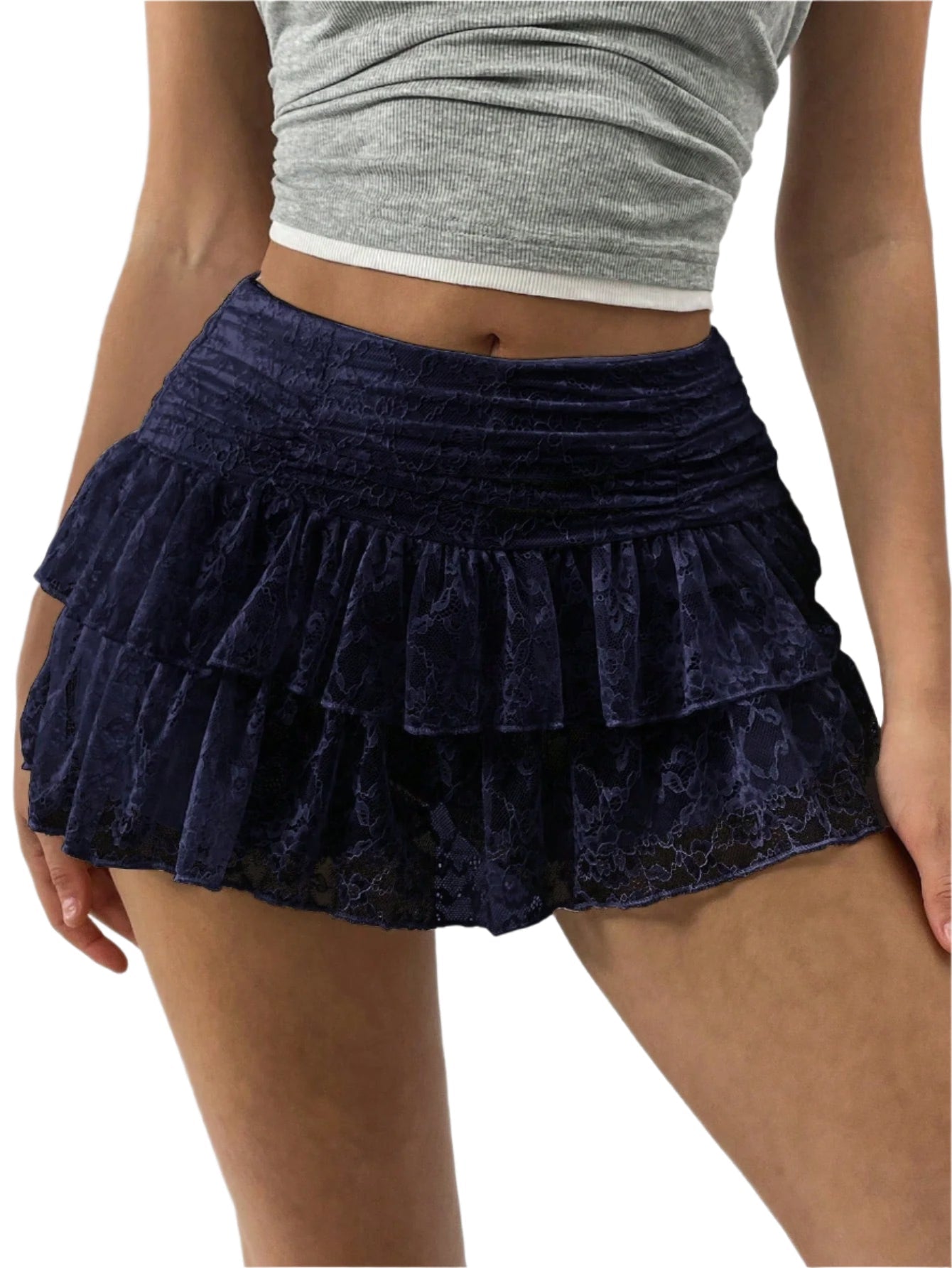White ruffled mini skirt with wide waistband from Lumina Wear, featuring playful design and stylish fit.