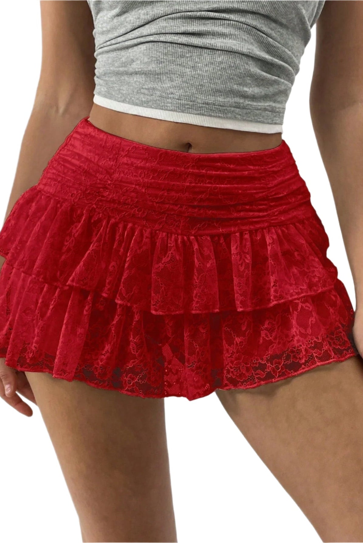 White ruffled mini skirt with wide waistband from Lumina Wear Isabella collection, stylish and playful for casual or dressy looks.