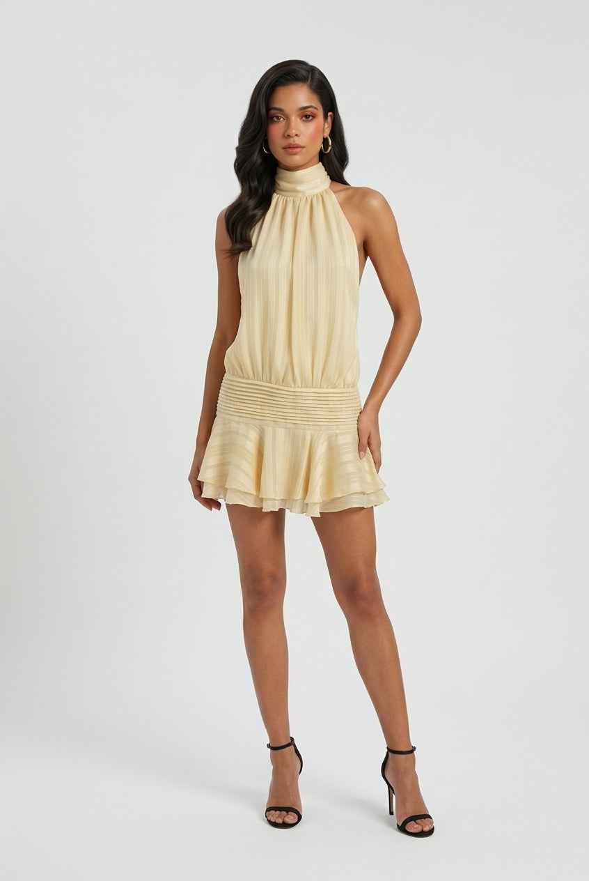 Isabella Lumina yellow mini dress with playful fit, casual style, and feminine silhouette, displayed on a hanger.
